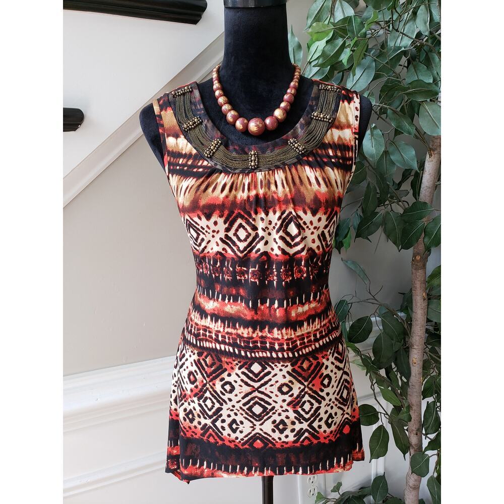 New Directions Top Blouse Women's PS Multi Geo Print Pearl & Jeweled Round Neck